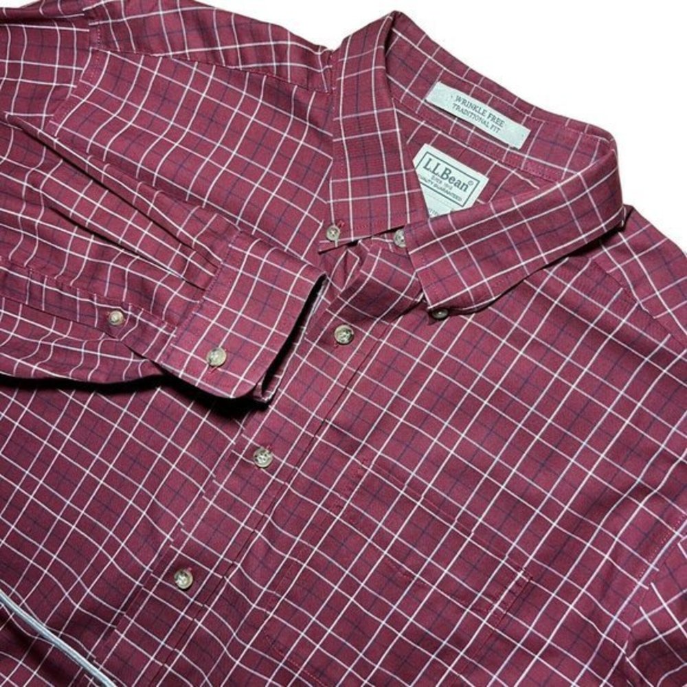 LL Bean Dress Shirt L Burgandy Plaid Wrinkle Free Traditional Fit‎ Men's Shirt